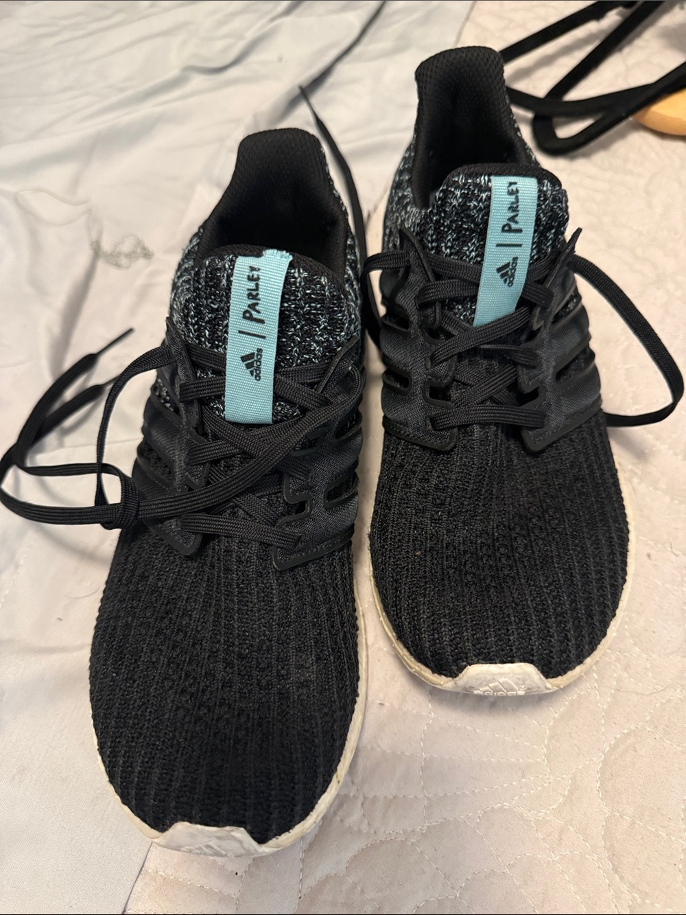 adidas Black Knit Sneakers with Aqua Tongue Tabs